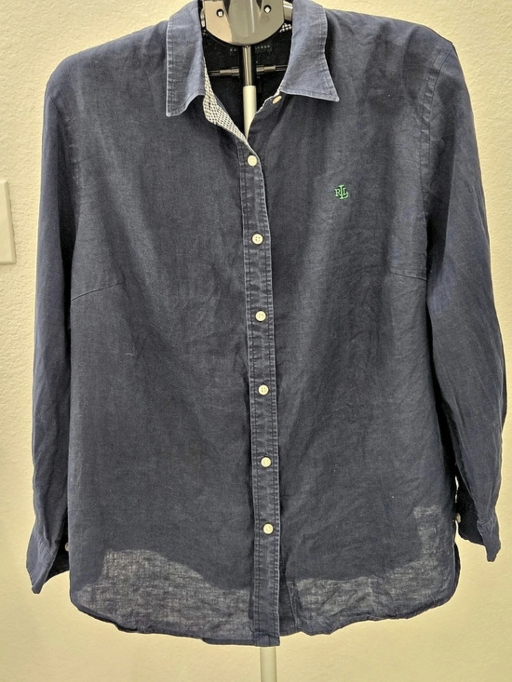 Lauren Ralph Lauren Navy Linen Button Down Shirt 2X Coastal Preppy Quiet Luxury